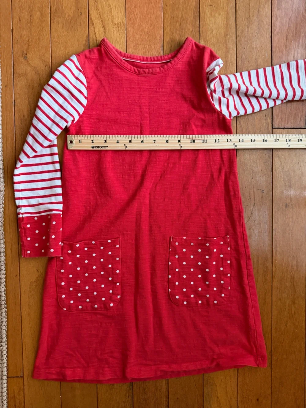 Mini Boden Hopscotch Dress Red Cotton Stripes Polka Dots Pockets Size 8-9